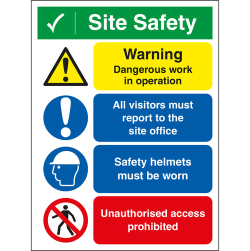 Site Safety Board - Warning, Visitors, Safety Helmets, Unauthorised Access Prohibited - First Safety Signs