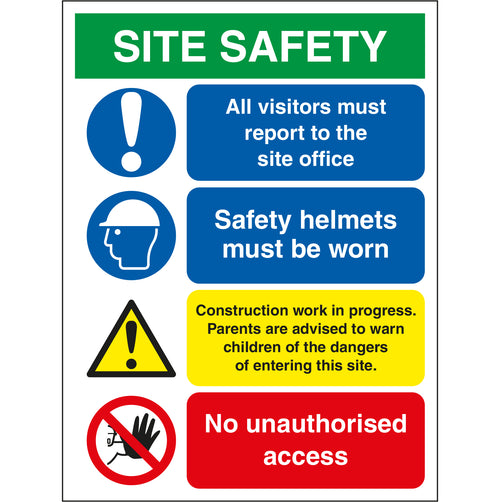 Site Safety Board - Visitors, Safety Helmets, Construction Site, Unauthorised Access - First Safety Signs