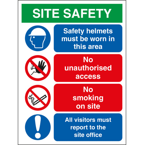 Site Safety Board - Safety Helmets, Unauthorised Access, No Smoking, Visitors - First Safety Signs