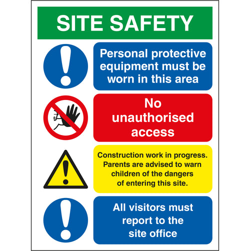 Site Safety Board - PPE, Unauthorised Access, Construction Site, Visitors - First Safety Signs
