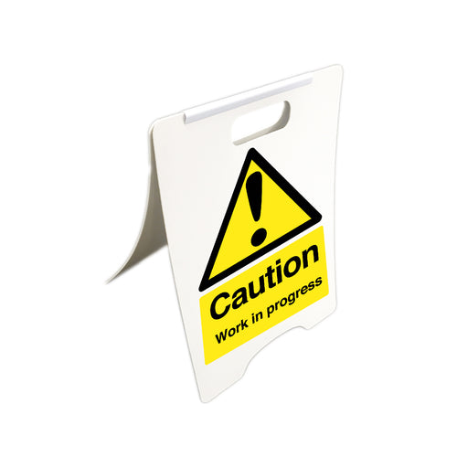 Caution Work In Progress White Standing Floor Sign - First Safety Signs